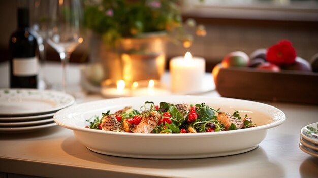 Kolacja przy świecach, talerz z daniem